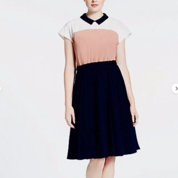 Kate Spade Colorblock Collared Pleated Dress White, Pink, and Black Size 8 - Picture 1 of 11